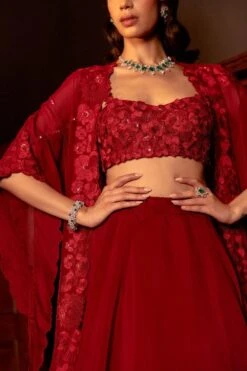 Mishru Red Floral Embroidered Cape & Lehenga Set 5 Mishru Red Floral Embroidered Cape & Lehenga Set -Outlet Spiffy Fits Store 310823mu01 3