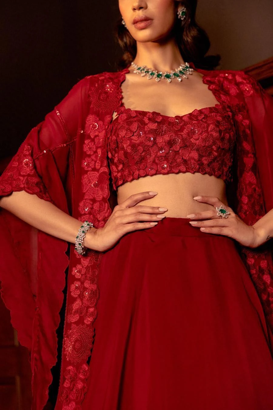 Mishru Red Floral Embroidered Cape & Lehenga Set 3 Mishru Red Floral Embroidered Cape & Lehenga Set - Image 3