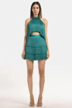 431-88 By Shweta Kapur Emerald Green Fringe Mini Skirt