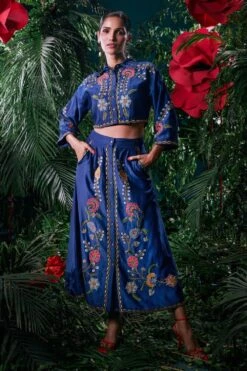 Chandrima Indigo Floral Embroidered Crop Shirt