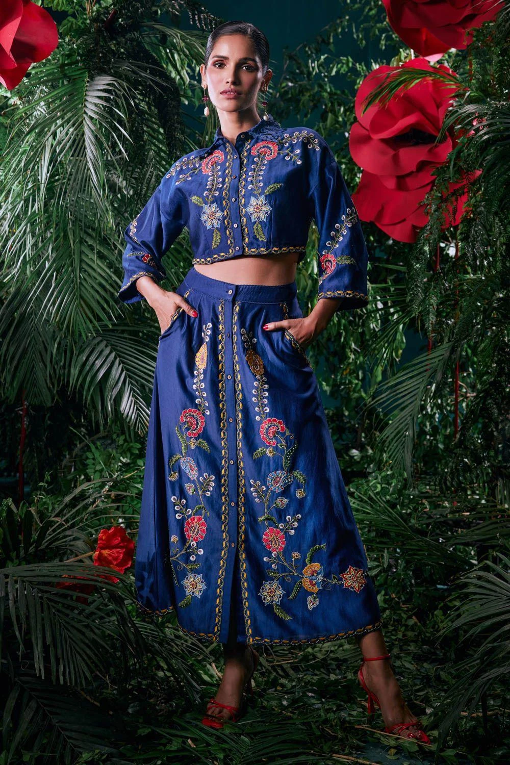 Chandrima Indigo Floral Embroidered Crop Shirt 1 Chandrima Indigo Floral Embroidered Crop Shirt