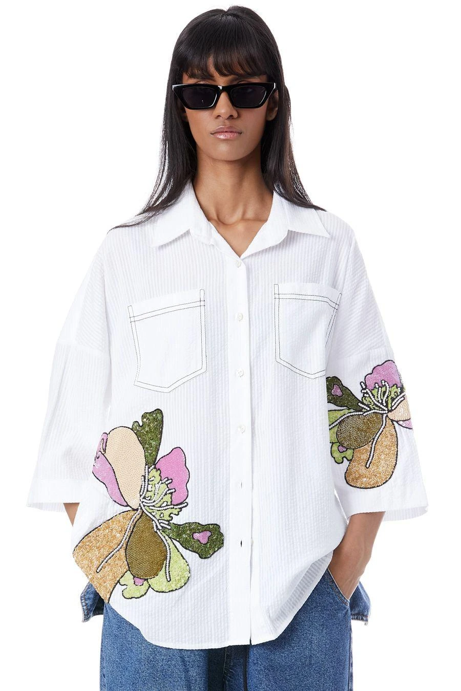 Kanika Goyal Label White Twin Peonies Hand Embellished Shirt 3 Kanika Goyal Label White Twin Peonies Hand Embellished Shirt - Image 3
