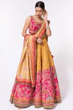 Debyani Yellow & Pink Chanderi Silk Lehenga Set
