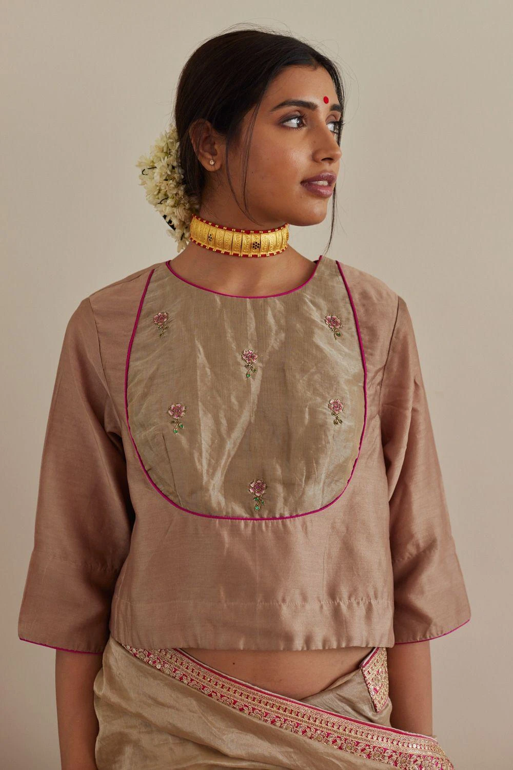 Shorshe Beige Angrakha Blouse 1 Shorshe Beige Angrakha Blouse