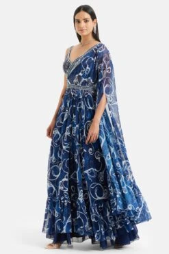 Divya Aggarwal Moana Royal Blue Printed Cape-skirt Set -Outlet Spiffy Fits Store 5124pu47 3
