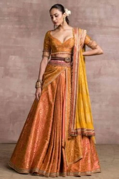 Tarun Tahiliani Orange Draped Brocade Lehenga Set