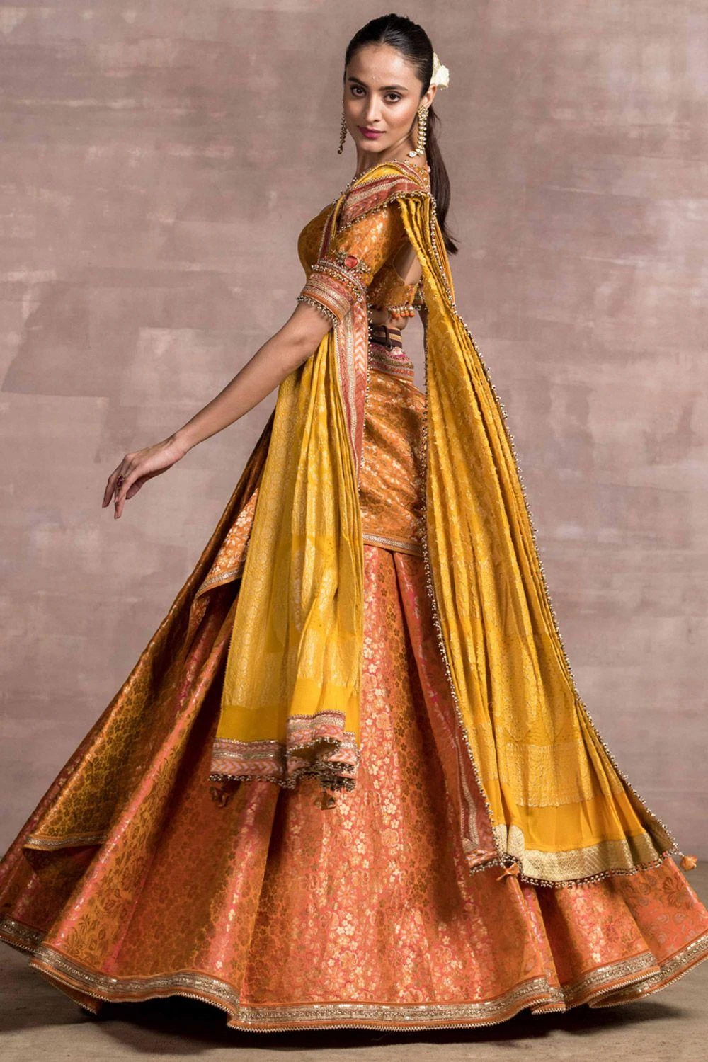 Tarun Tahiliani Orange Draped Brocade Lehenga Set 2 Tarun Tahiliani Orange Draped Brocade Lehenga Set - Image 2
