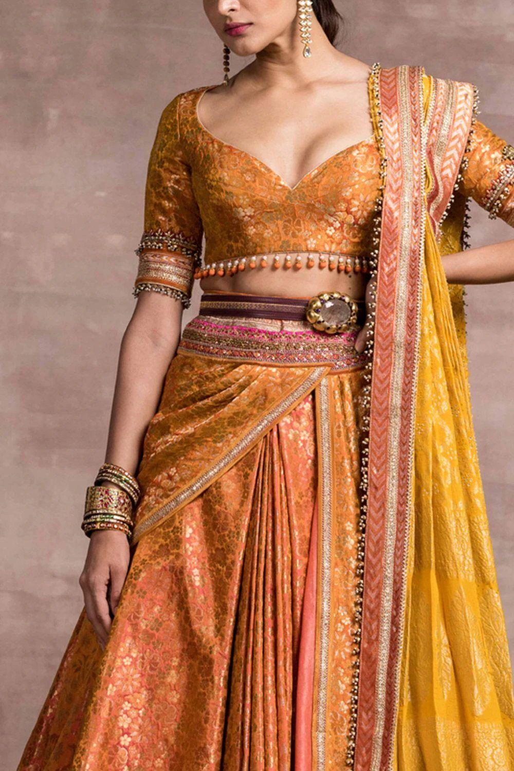 Tarun Tahiliani Orange Draped Brocade Lehenga Set 3 Tarun Tahiliani Orange Draped Brocade Lehenga Set - Image 3