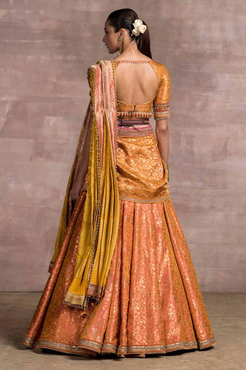 Tarun Tahiliani Orange Draped Brocade Lehenga Set 4 Tarun Tahiliani Orange Draped Brocade Lehenga Set - Image 4