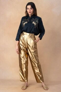 Rara Avis Antique Gold Metallic Pleated Pants