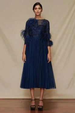 Shriya Som Pleated Blue Midi Dress With Floral Embroidery