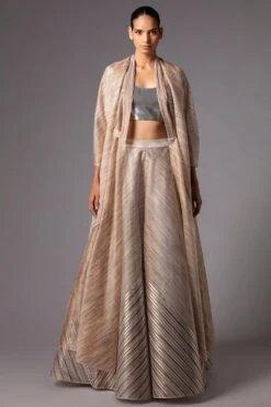 Amit Aggarwal Striped Lehenga Set With A Metallic Silver Blouse
