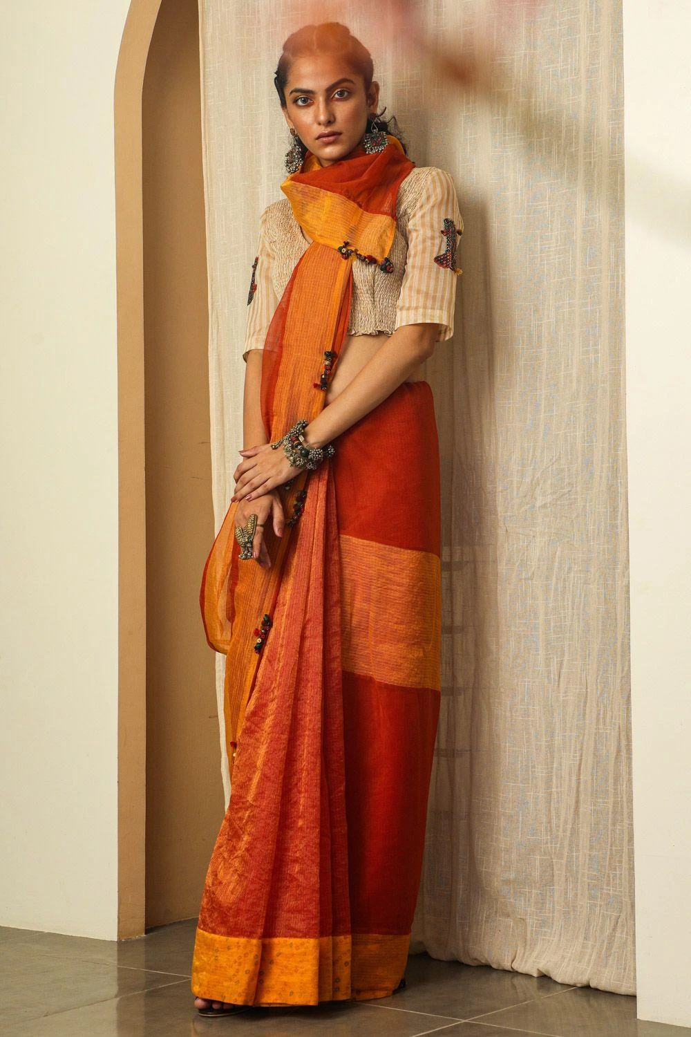 Medha Ivory Striped Chanderi Blouse 1 Medha Ivory Striped Chanderi Blouse