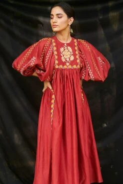 Chandrima Red Chanderi Gather Dress Kurta