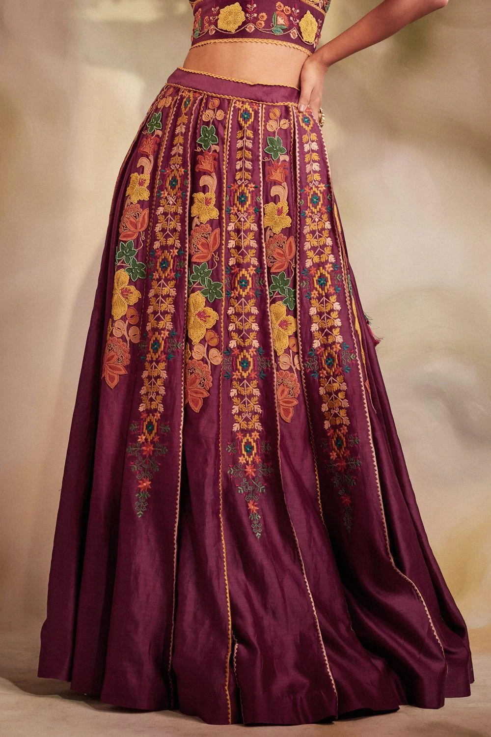 Chandrima Plum Chanderi Pleated Beadwork Lehenga 2 Chandrima Plum Chanderi Pleated Beadwork Lehenga - Image 2