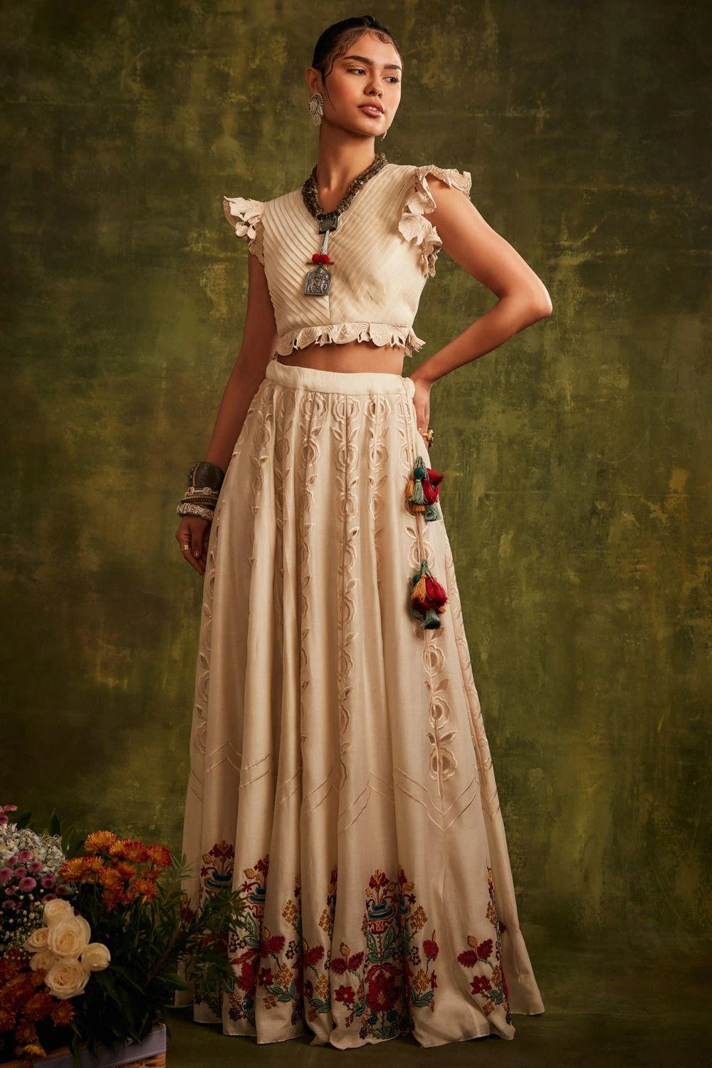 Chandrima Ivory Pleated Bouse With Cutwork Ruffles 2 Chandrima Ivory Pleated Bouse With Cutwork Ruffles - Image 2