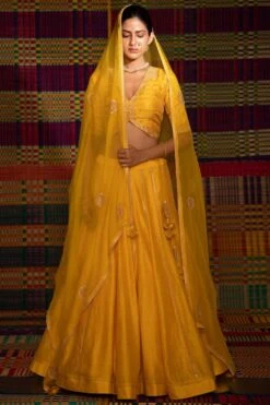 Outlet Spiffy Fits Store 14 Deep Thee Yellow Hand Embroidered Lehenga Set