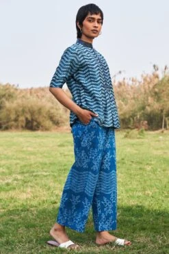 Ikai Slate Blue Chanderi Silk Top With Leather Details -Outlet Spiffy Fits Store ik4 2