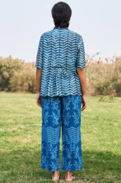 Ikai Slate Blue Chanderi Silk Top With Leather Details -Outlet Spiffy Fits Store ik4 4