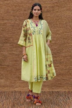 Sunira Designs Green Jamdani Muslin Yoke Dress