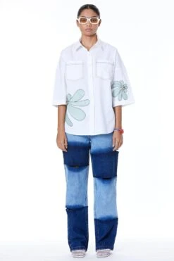 Kanika Goyal Label White Oversized Floral Shirt
