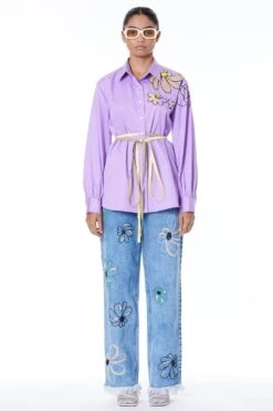Kanika Goyal Label Purple Asymmetrical Embroidered Shirt