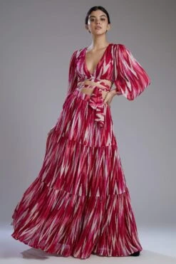 KoAi Chiffon White & Pink Dabu Zig Zag Skirt