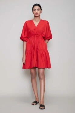 Mati Red Short Dress With Puff Sleeves