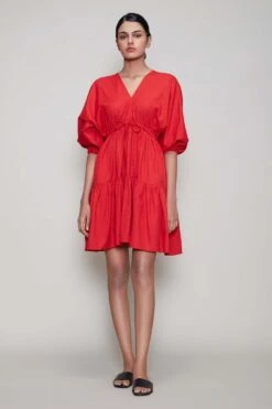 Mati Red Short Dress With Puff Sleeves -Outlet Spiffy Fits Store mtncitra red 3