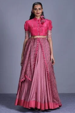 Punit Balana Silk Chanderi Printed Crop Shirt With Skirt