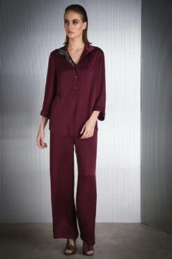 Rohit Gandhi + Rahul Khanna Maroon Top With Embellished Collar