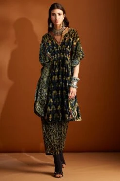 Sunira Designs Hand-block Printed Velvet Mustard Pants