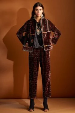 Sunira Designs Hand-block Printed Velvet Maroon Pants