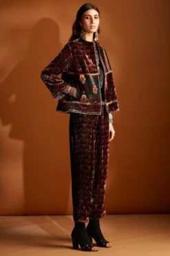 Sunira Designs Hand-block Printed Velvet Maroon Pants -Outlet Spiffy Fits Store v2111b 3